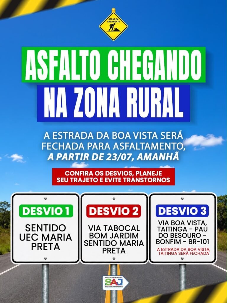 Prefeitura de Santo Antônio de Jesus informa sobre interdição temporária de estrada e orienta motoristas sobre desvios