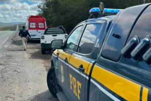 Motorista tem surto ao conduzir caminhão pela BR-116, em Jaguaquara, cai à beira da pista e é socorrido pelo SAMU e PRF
